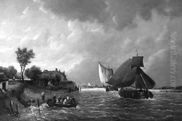 A river landscape with barges at full sail and townsfolk in the foreground Oil Painting by Antonie Waldorp