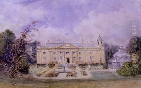 A Classical Country House with Formal Garden and Conservatory, 1857 Oil Painting by Edward West