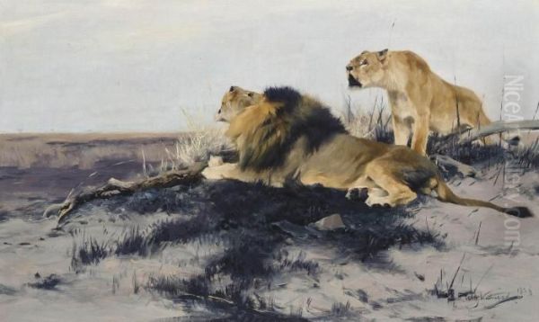 Roaring Lions Oil Painting by Wilhelm Kuhnert