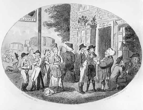 Outside the Old Hats Tavern, engraved by Isaac Cruikshank, 1796 Oil Painting by George Moutard Woodward