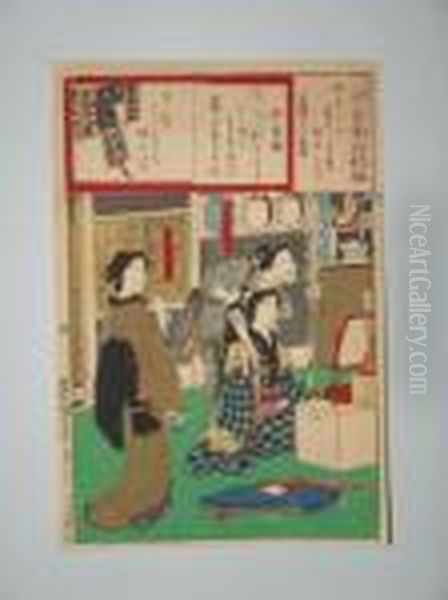 Trois Jeunes Femmes Pendant Une Seance D'essayage De Kimono Oil Painting by Toyohara Kunichika