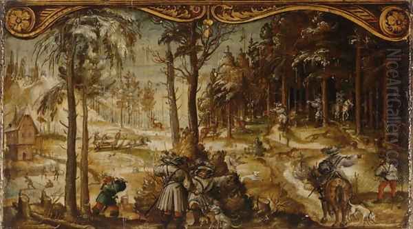 Fox and Stag Hunt in the Winter, c. 1525-26 Oil Painting by Hans Wertinger