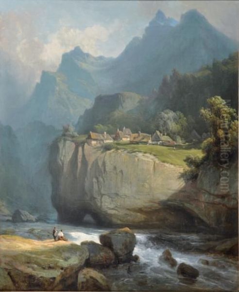 Paysage De Montagne Anime De Deux Personnages Au Bord Du Torrent Oil Painting by Charles Euphrasie Kuwasseg