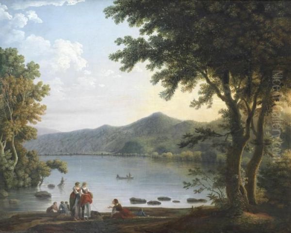 Washerwomen Conversing Before A Lake In An Italianate Landscape Oil Painting by Carlo Labruzzi