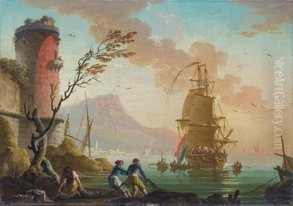 Scene De Peche Dans Une Rade Oil Painting by Charles Francois Lacroix de Marseille