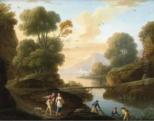 River Bank With Fishermen Oil Painting by Charles Francois Lacroix de Marseille