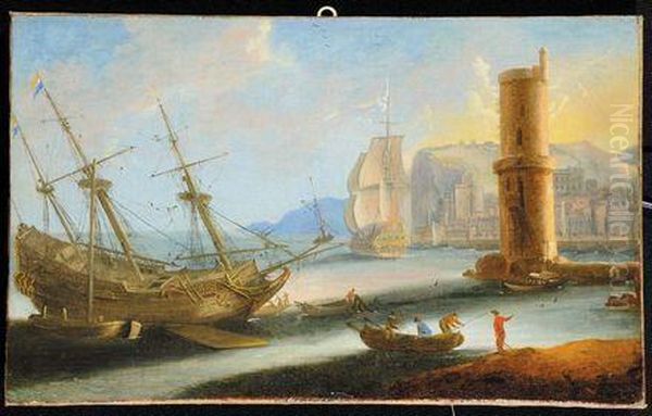 Marina Con Faro Ed Architetture Oil Painting by Charles Francois Lacroix de Marseille