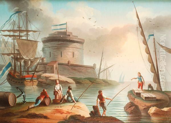 Fishing Ina Mediterrean Harbour Oil Painting by Charles Francois Lacroix de Marseille