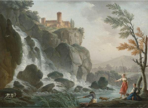 Fishing At The Edge Of A River With A Waterfall, Below Acastle Oil Painting by Charles Francois Lacroix de Marseille