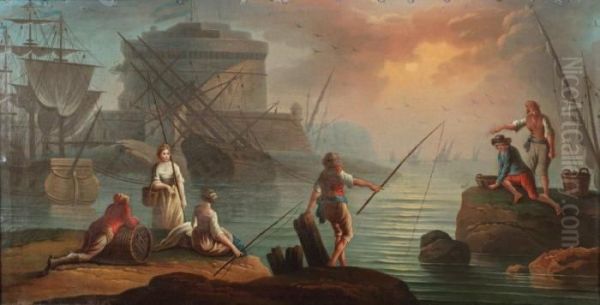 Pecheurs Dans Un Port Mediterraneene Oil Painting by Charles Francois Lacroix de Marseille