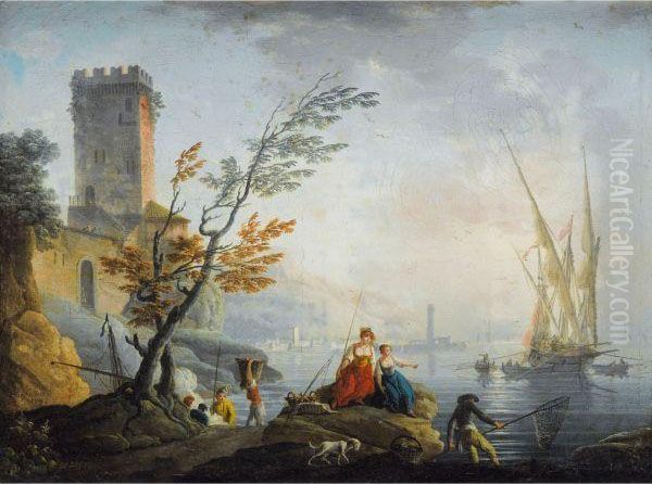 Scene De Port Mediterraneen Anime De Pecheurs Oil Painting by Charles Francois Lacroix de Marseille