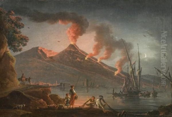 Eruption Du Vesuve De Nuit Sur Un Rivage Et Littoralmediterraneen Anime De Personnages Oil Painting by Charles Francois Lacroix de Marseille