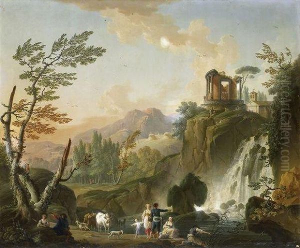 Pecheur Conversant Au Pied D'une Cascade Oil Painting by Charles Francois Lacroix de Marseille