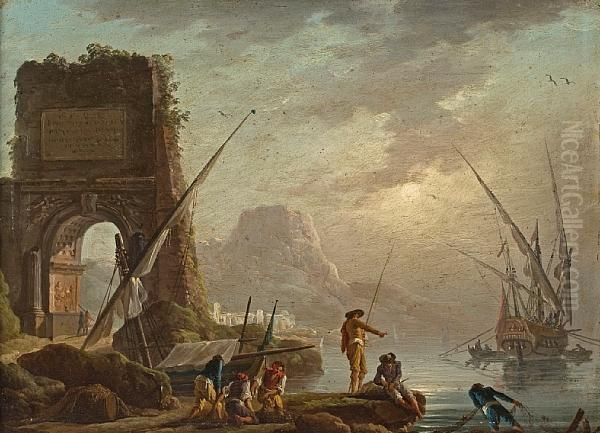 Fisherfolk In A Mediterranean Port Oil Painting by Charles Francois Lacroix de Marseille