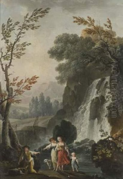 Paysage De Cascade Animee De Pecheurs Oil Painting by Charles Francois Lacroix de Marseille