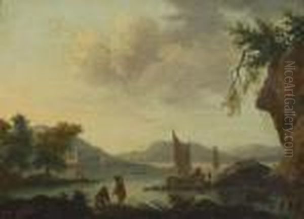 Paysage Fluvial Anime De Personnages Oil Painting by Charles Francois Lacroix de Marseille