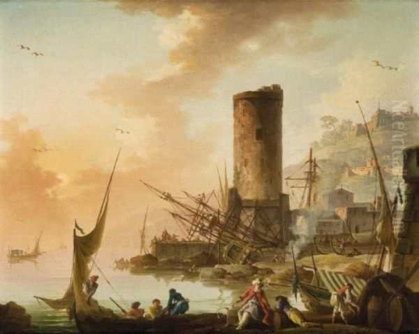 Port Mediterraneen Anime Oil Painting by Charles Francois Lacroix de Marseille