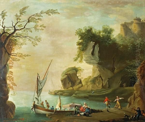 A Coastal Rocky Landscape With Figures Dancing Before A Cave Oil Painting by Charles Francois Lacroix de Marseille