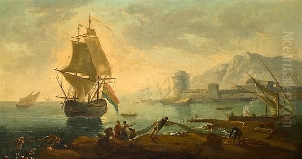 Ships At Sea Oil Painting by Charles Francois Lacroix de Marseille