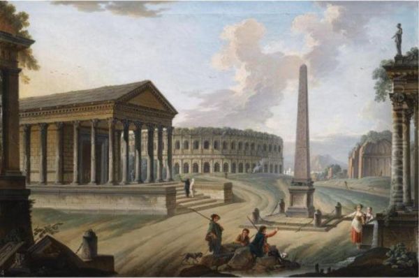 A Capriccio With Roman Monuments In Nimes Oil Painting by Charles Francois Lacroix de Marseille