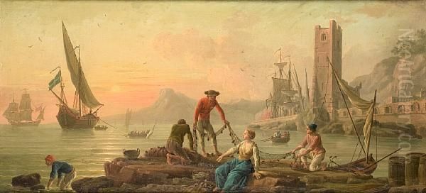 A Mediterranean Harbour With 
Fishermen Hauling In Their Nets And Shipping At Anchor Beyond Oil Painting by Charles Francois Lacroix de Marseille