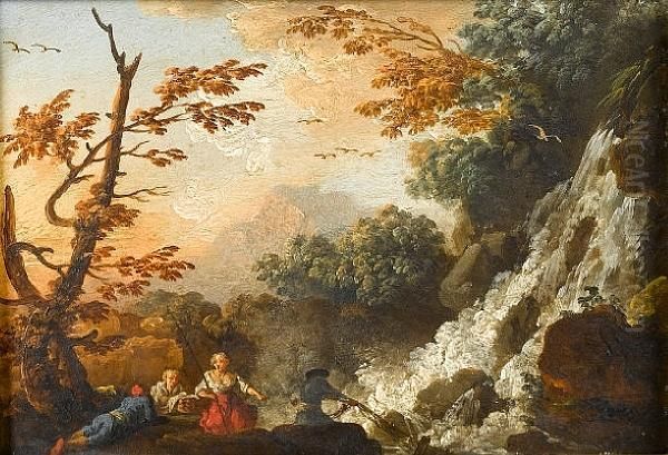 A Rocky River Landscape With Figures Restingon The Banks Before A Waterfall Oil Painting by Charles Francois Lacroix de Marseille