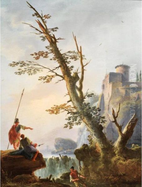 Paysage De Cascades Anime De Pecheurs Oil Painting by Charles Francois Lacroix de Marseille