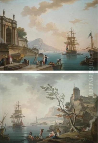 Morning: A View Of A 
Mediterranean Port At Sunrise With Figures Gathered On The Nearside 
Quay; Evening: A View Of A Mediterranean Port At Dusk, With Figures 
Unloading Cargo From A Rowing Boat Onto The Shore Oil Painting by Charles Francois Lacroix de Marseille