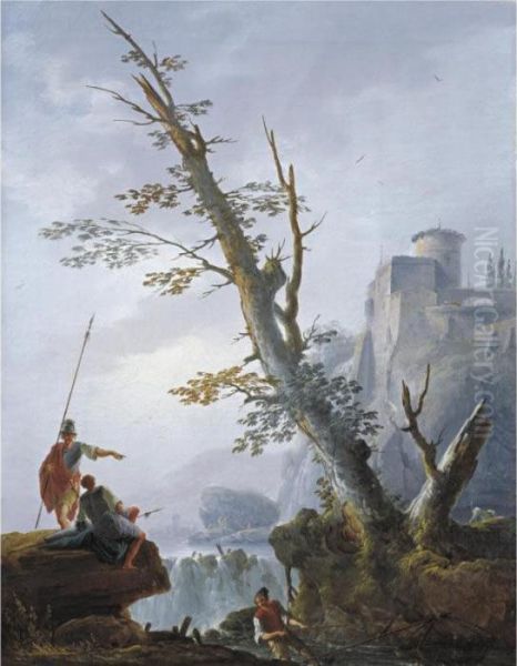 Fishermen By A Waterfall Oil Painting by Charles Francois Lacroix de Marseille