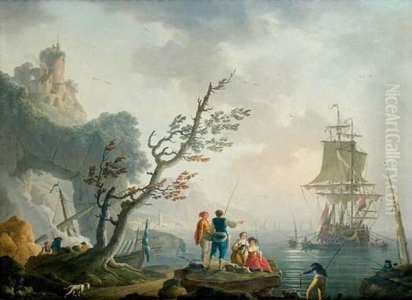 Pecheurs Sur Une Cote Rocheuse Oil Painting by Charles Francois Lacroix de Marseille