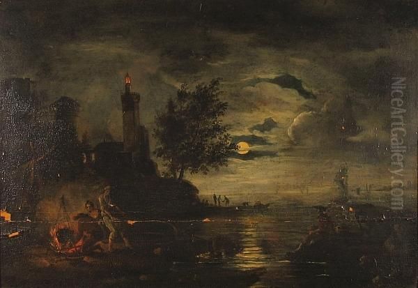 A Moonlit Coastal Scene With Figures Around A Campfire In The Foreground Oil Painting by Charles Francois Lacroix de Marseille