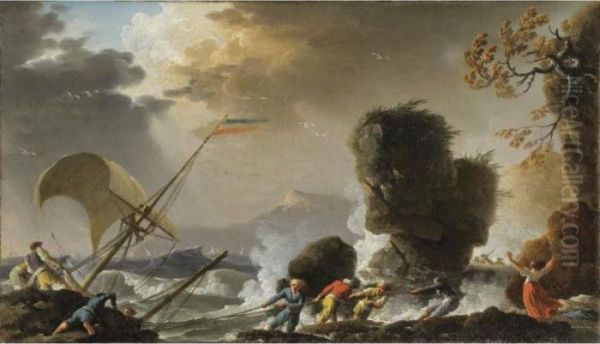 Scene De Sauvetage [charles 
Francois Grenier De Lacroix Called Lacroix De Marseille ; Scene Of 
Rescue ; Oil On Canvas ; In Carved Guilt Wood Frame] Oil Painting by Charles Francois Lacroix de Marseille