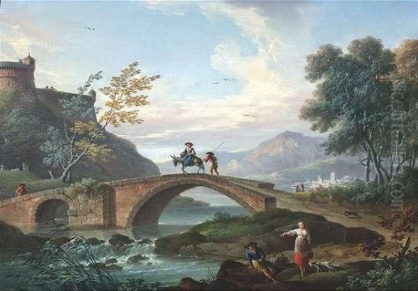 Landscape With A Bridge Oil Painting by Charles Francois Lacroix de Marseille