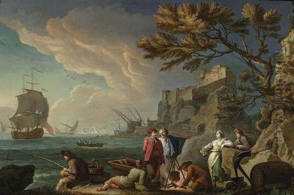 Three-master With Figures At The Coast. Oil Painting by Charles Francois Lacroix de Marseille