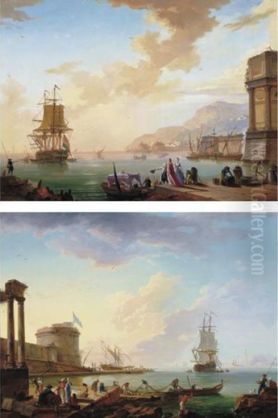 A Port Scene With Elegant Figures Embarking; A Port Scene With Fishermen Hauling Nets Oil Painting by Charles Francois Lacroix de Marseille