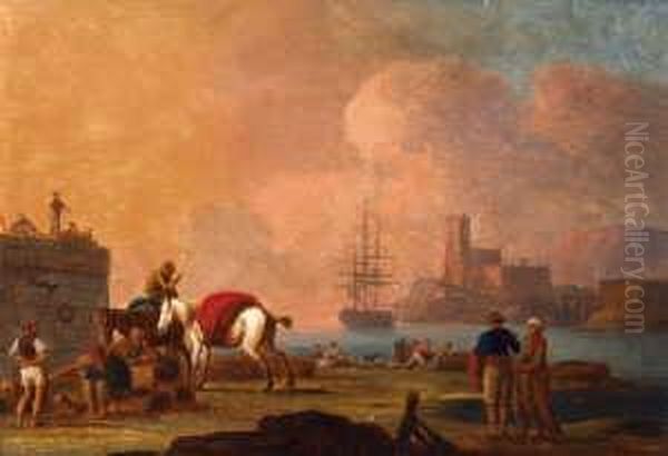 Ein Sudlicher Seehafen. Oil Painting by Charles Francois Lacroix de Marseille