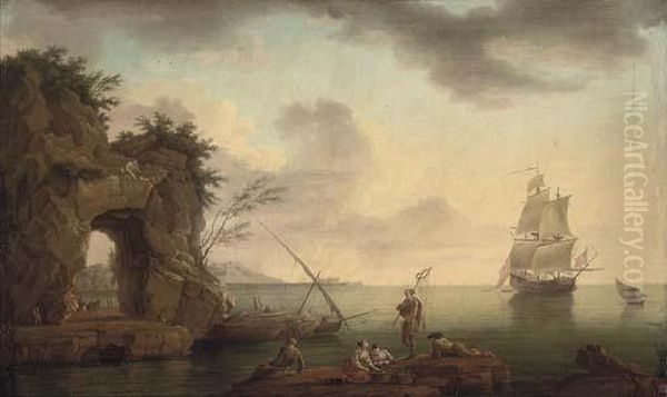 A Mediterranean Coastal Inlet With Shipping And Fishermen On A Bank Oil Painting by Charles Francois Lacroix de Marseille