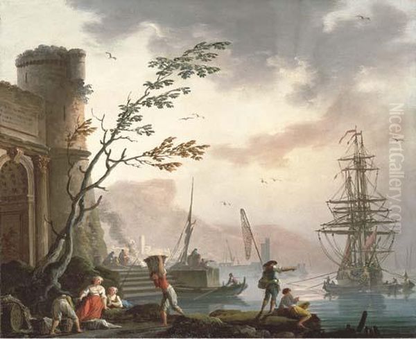 A Mediterranean Port With Fishermen On The Shore Oil Painting by Charles Francois Lacroix de Marseille