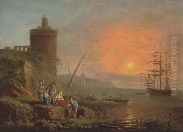 A Mediterranean Coastline At Sunset Oil Painting by Charles Francois Lacroix de Marseille