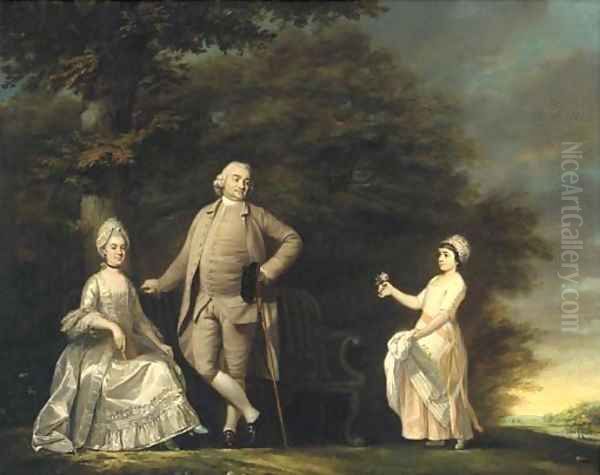 Group portrait of the Hussey family, small full-length, in the garden of Wargrave Hill House, Berkshire Oil Painting by Benjamin Wilson