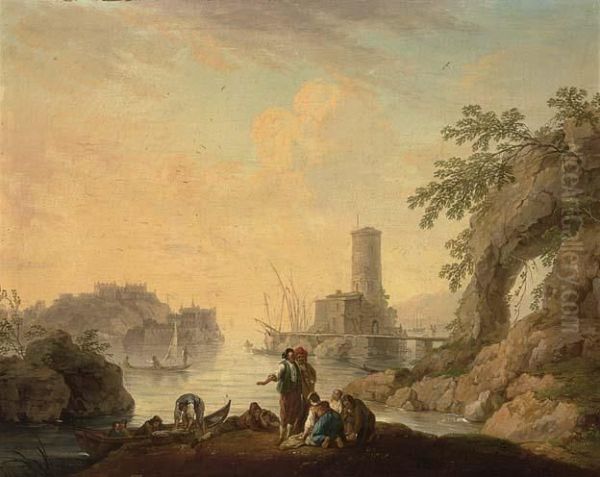 Called Lacroix De Marseille A Mediterranean Coastal 

 Landscape At Sunset With Fishermen In A Bay A Fortified 

 Tower On A Rock Beyond;

 A Mediterranean Coastal Landscape With F Oil Painting by Charles Francois Lacroix de Marseille