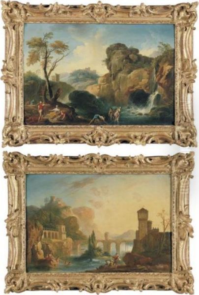 Bathers Frolicking Along A 
Riverbank With A Bridge And A Fortress Beyond; Bathers Frolicking By A 
Waterfall Oil Painting by Charles Francois Lacroix de Marseille