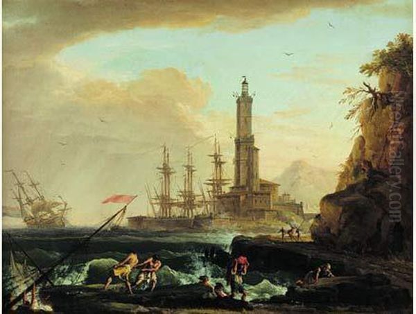 Scene De Mer Agitee Devant Un Port Meditterranen Oil Painting by Charles Francois Lacroix de Marseille