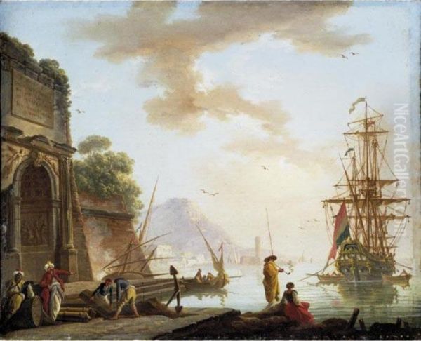 A Mediterranean Sea Port With 
Orientals Conversing Beneath An Ancient Roman Arch, A Man-o'-war At 
Anchor Beyond Oil Painting by Charles Francois Lacroix de Marseille