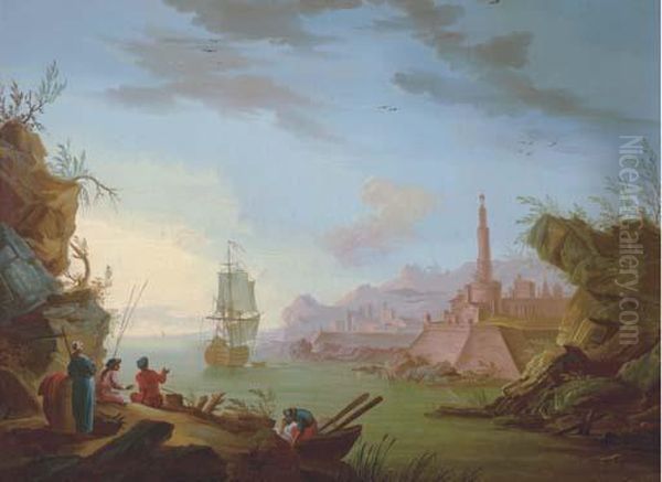 A Coastal View With Figures Oil Painting by Charles Francois Lacroix de Marseille