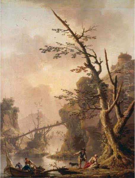 A River Landscape With Fishermen
 Hauling Their Nets, A Man And Woman Resting On A Bank Holding 
Fishing-rods Beside A Basket Of Fish, A Rocky Landscape And Footbridge 
Beyond Oil Painting by Charles Francois Lacroix de Marseille