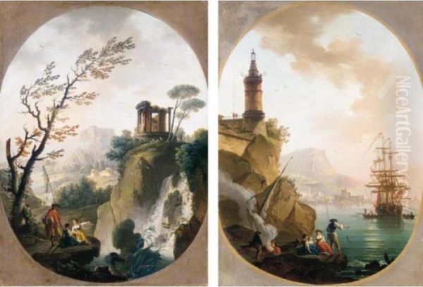 A Mediterranean Harbour With A 
Lighthouse And Fishermen In The Foreground; A Landscape With A Capriccio
 View Of Tivoli With The Temple Of Vesta And A Waterfall, Fishermen And 
Women Conversing In The Foreground Oil Painting by Charles Francois Lacroix de Marseille