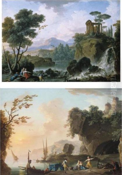 A Capriccio Landscape With 
Tivoli, The Temple Of Vesta And A Waterfall, A Fisherman And Other 
Figures In The Foreground; A Coastal Rocky Landscape At Sunset With 
Figures Dancing Before A Cave Oil Painting by Charles Francois Lacroix de Marseille