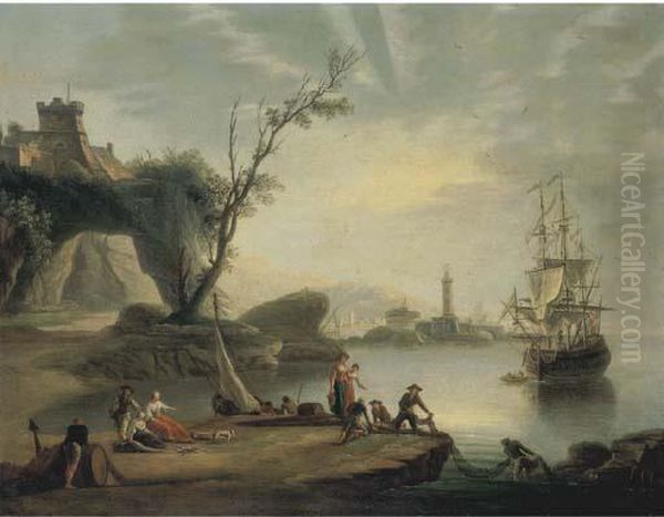 Marina Con Veliero E Pescatori Sulla Riva Oil Painting by Charles Francois Lacroix de Marseille