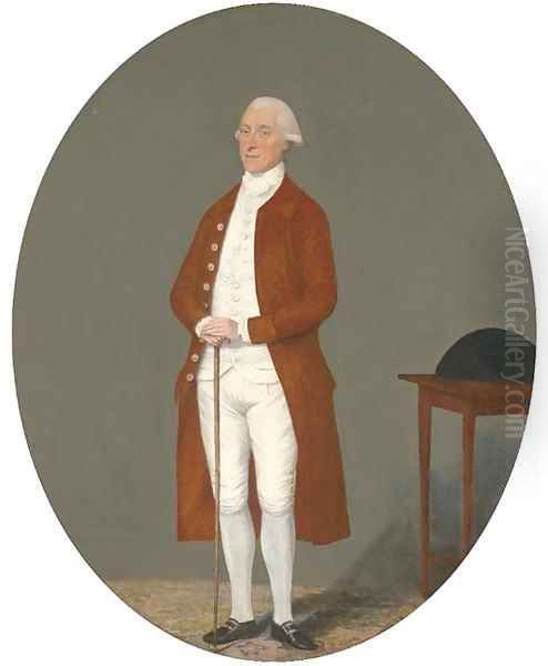 Portrait of a gentleman, full-length, in a brown coat and white waistcoat and breeches, holding a cane, a tricorn on a table beside him Oil Painting by Benjamin Wilson